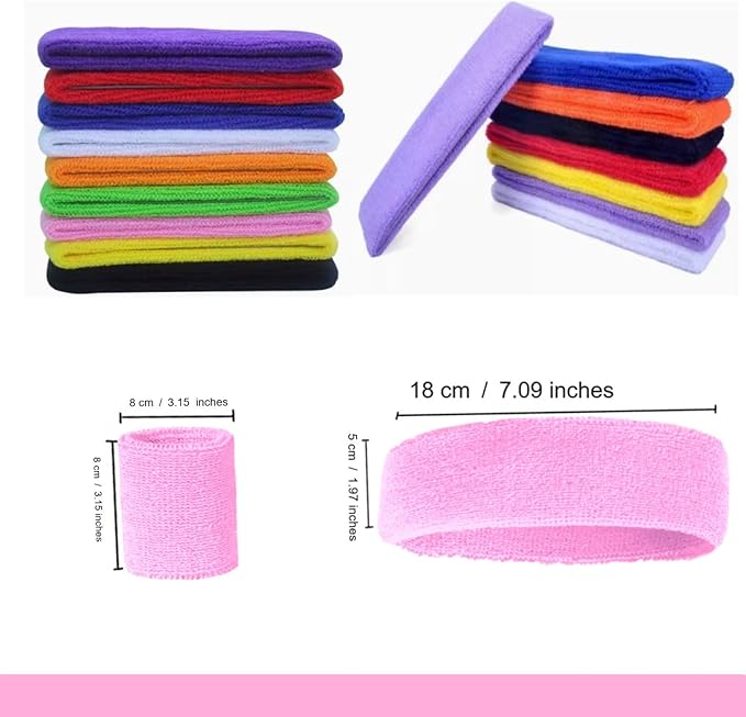 24 Pcs Neon Sweatbands Set Include 8 Pcs Sports Headband and 16 Pcs Cotton Wristbands 80s Neon Sweat Bands Bulk for Gym, Tennis, Basketball, Running, Exercise
