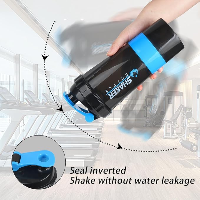 Shaker Bottle - Protein Shaker Cup with Storage Compartments - Leak-proof Workout Shake Bottles with Mixer for Smooth Mixing-500ML/16oz (BLUE & BLACK)
