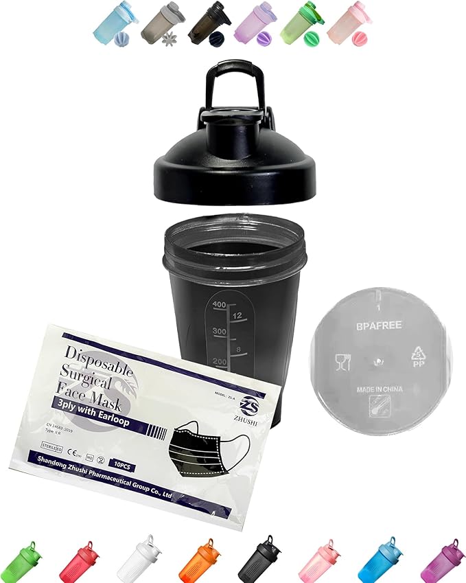 Shaker Bottle A Small Dark Black 12Oz/400ml w. Measurement Marks & Stainless Whisk Blender Mixer Ball,BPA Free,Made of PP5,-4~248 °F,Perfect for Nutrition/Protein/Keto/Juice Powder Shaking