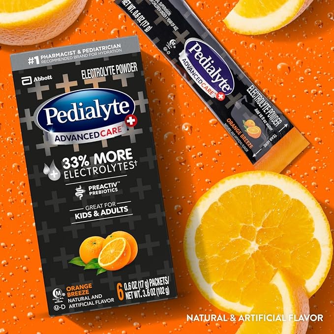 Pedialyte AdvancedCare Plus Electrolyte Powder, Has 33% More Electrolytes and PreActiv Prebiotics, Orange Breeze, 6 Powder Packets
