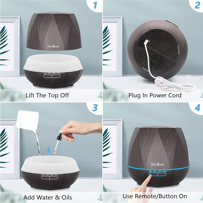 550ml Essential Oil Diffuser, DAROMA Upgraded Remote Control 6 in 1 Aromatherapy Ultrasonic Cool Mist Humidifier, 7 Color Changing Mood Lights & Waterless Auto-Off for Home Office Gift, Dark Wood
