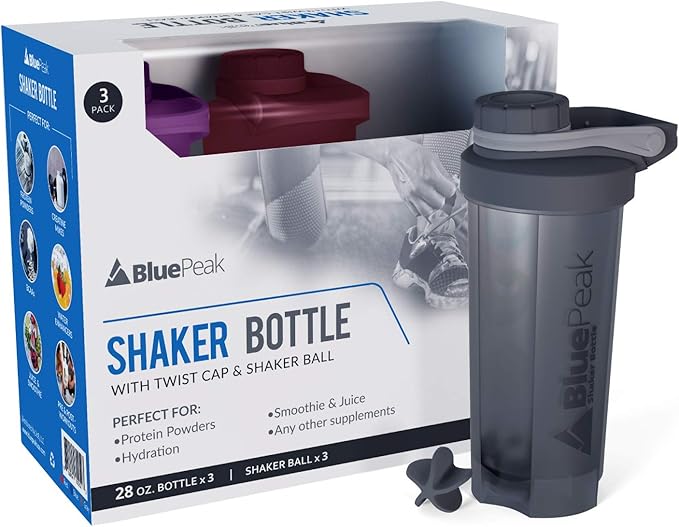 BluePeak Protein Shaker Bottle 28-Ounce, 3-Pack with Twist Cap. BPA Free, Shaker Balls Included (Purple-Red-Gray)