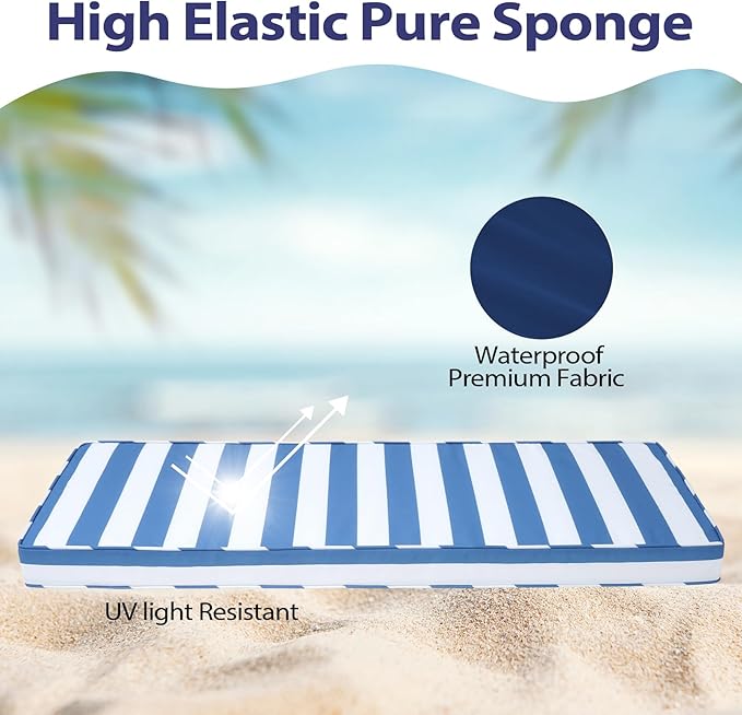 Outdoor Bench Cushion 48x18x3 Inch with Ties, Thick Waterproof Porch Swing Cushions for Patio Furniture Chair Pad, Seat Sofa Garden Replacement Cushion Sponge Filling (Blue&white Stripes, 48x18)