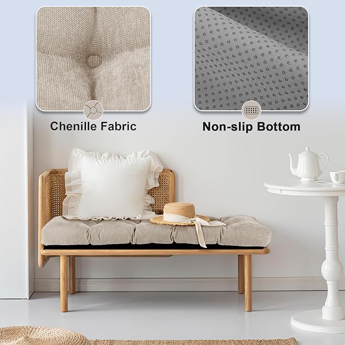 Bench Cushion 48 Inch - Chenille, High-Density Memory Foam, Non-Slip Bottom, Soft Durable Indoor Tufted Long Seat Cushion for Window Garden Furniture (Oyster White, 48x16x4 Inch)