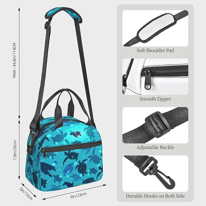 Turtle Reusable Insulated Lunch Box Waterproof Lunch Bag with Detachable and Adjustable Shoulder Strap for Office Picnic or Travel
