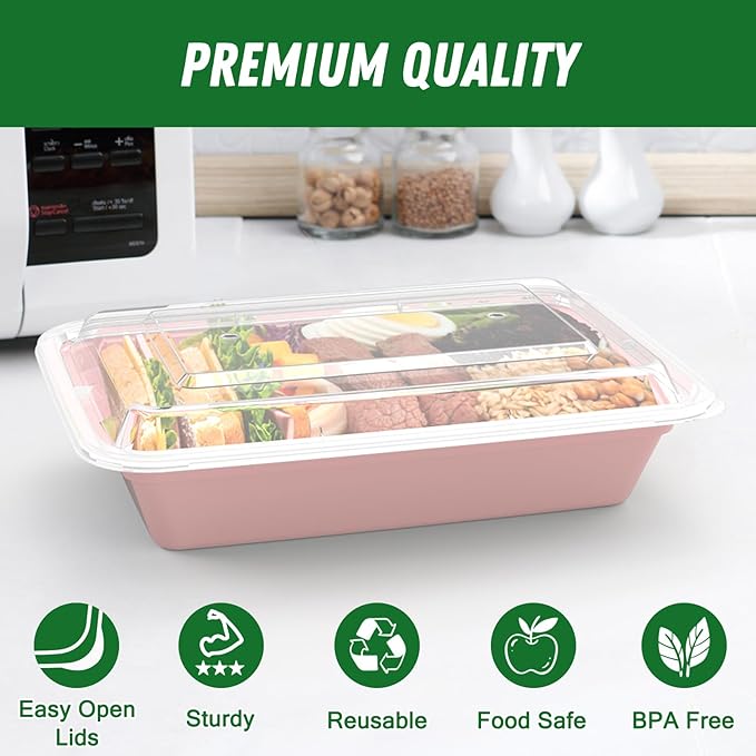 50 Pack (100-Piece) 32 oz Meal Prep Containers Reusable with Easy Open Lids, Sturdy Leakproof Food Safe, Microwave Freezer Dishwasher Safe, To Go Take Out Plastic Food Storage Pans with Lids, Pink