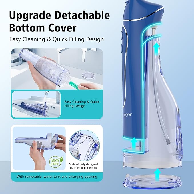 Leominor Water Dental Flosser Pick for Teeth, 300ML Portable Oral Irrigator Upgraded Tank Removable,IPX7 Waterproof, Rechargeable Travel Teeth Cleaner, Professional Electric Flossing(Dark Blue)