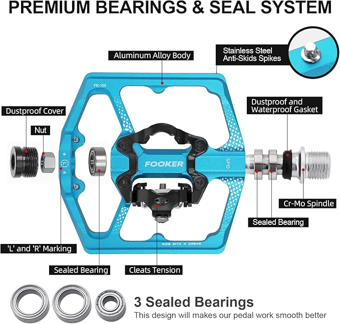 FOOKER MTB Mountain Bike Pedals, Dual Function Flat and Pedal,3 Sealed Bearing Flat Platform Compatible with Clipless Pedal Aluminum 9/16" Pedals with Cleats for Road Mountain BMX MTB