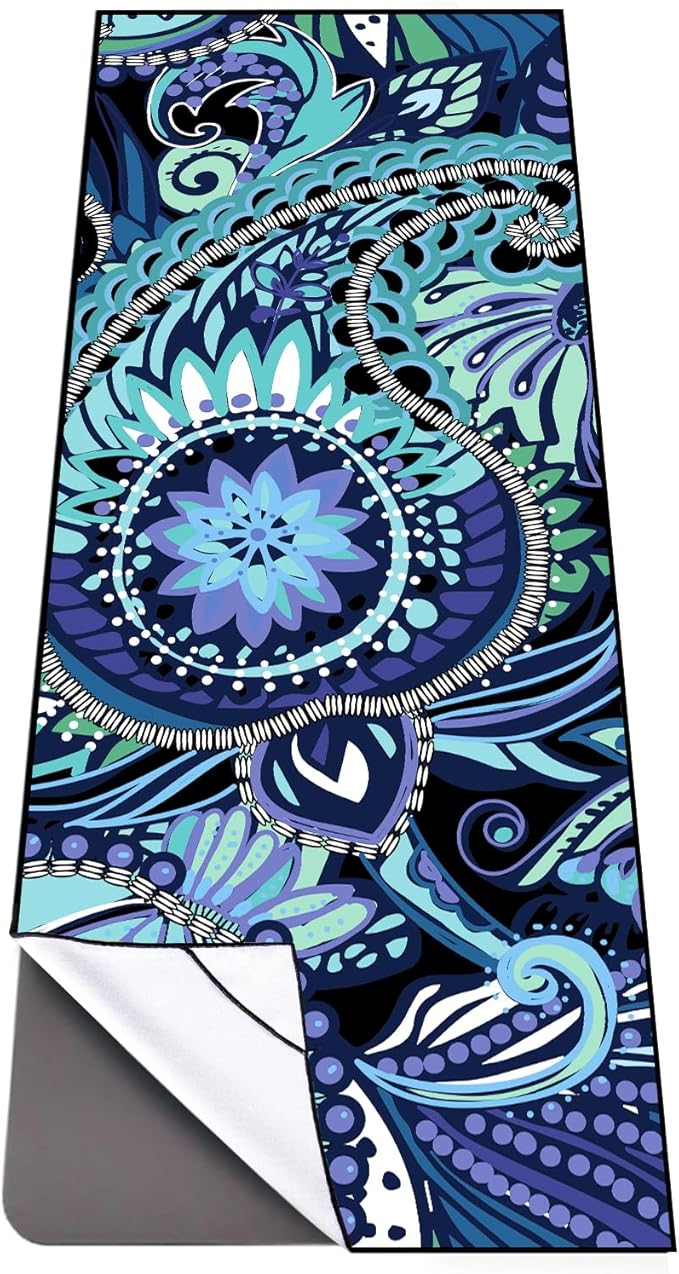 QiyI Yoga Mat Towel with Corner Pockets, Non Slip Sweat Absorbent Hot Yoga Towels, Soft Yoga Blankets with Travel Bag, Skidless Mat Cover for Workout, Gym, Fitness - 70"x26", Vintage Paisley