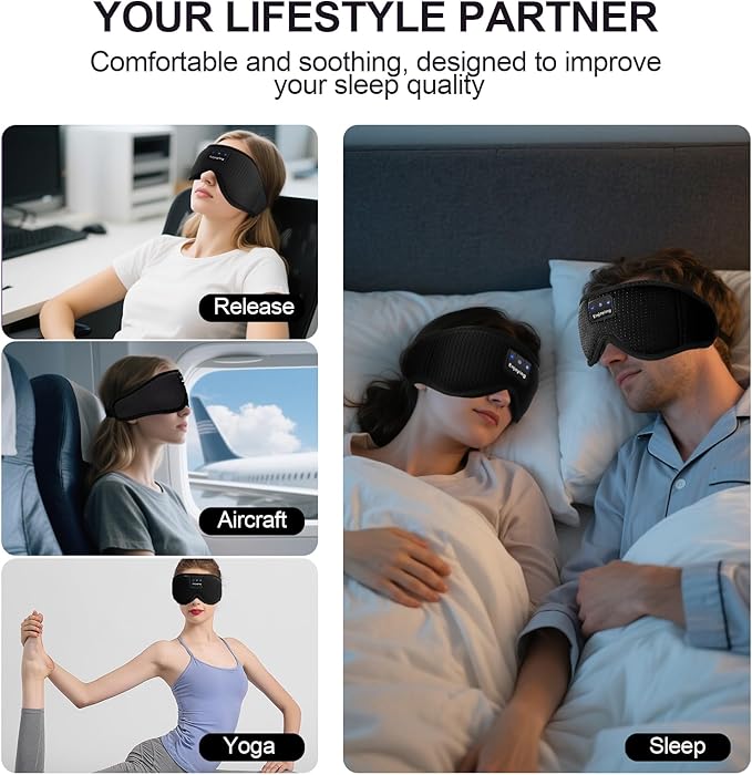 Sleep Headphones, Sleep Mask Bluetooth Wireless Music Eye Mask, Sleeping Mask for Side Sleepers Sleep Mask with 3D Bluetooth Headphones Ultra-Thin Stereo Speakers Perfect for Sleeping (Black)