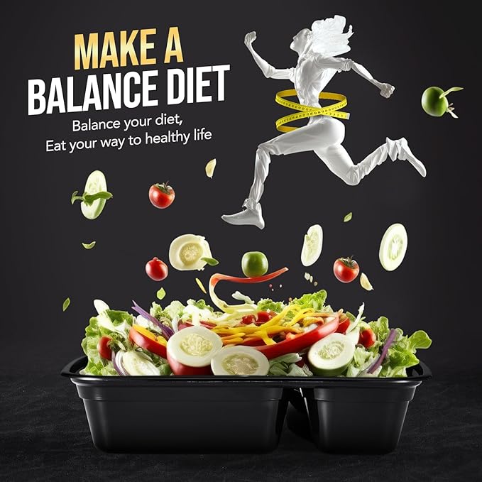 Glotoch 50 Pack 32oz 2 Compartment Meal Prep Container Microwave Safe, Food Prep Containers With Lids For Lunch/Deli/Takeout/Leftover, BPA-Free Freezer & Dishwasher Safe, Black