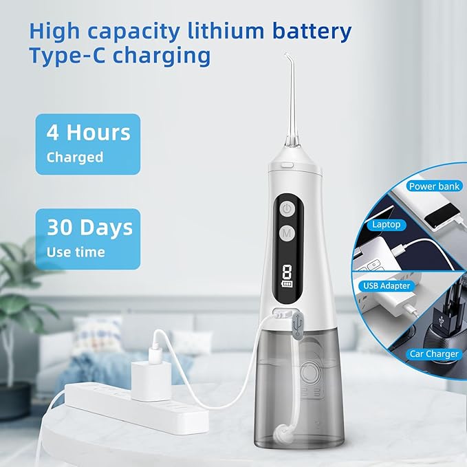 Reva Professional Water Dental Flosser for Teeth & Braces - 9 Modes Cordless Oral Irrigator, 350ML Large Reservoir, 360° Nozzle, IPX7 Waterproof, Rechargeable, Dental Floss Tool (M131 - White)