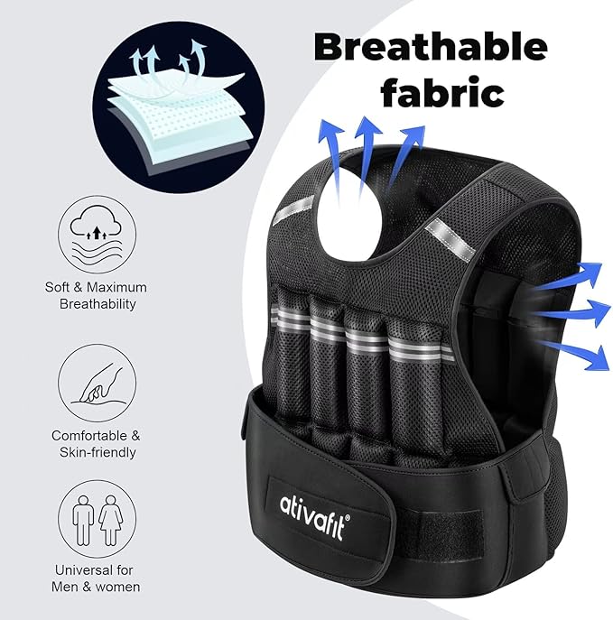 Ativafit Adjustable Weighted Vest Women Men with Reflective Design 2 4 6 8 10 12 14 16 18 20 22 Lbs Running Vest for Strength Training, Walking, Jogging, Weightlifting, Running Men Women Kids 2-22 Lbs