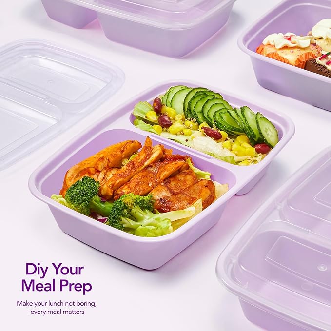 Glotoch 50 Pack Purple Meal Prep Containers Reusable 2 Compartments, Glotoch 32OZ to Go Containers for Food, Disposable Plastic Food Containers with Lids for Microwave Dishwasher Freezer Safe