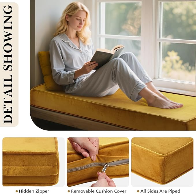 Wenqik Bench Cushions 42x16x4 Inch Window Seat Cushions for Indoor Furniture Velvet Kitchen Dining Bay Seat Tufted Porch Swing Thicken Bench Pad Memory Foam(Yellow)