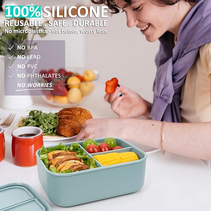 100% Silicone Bento Box Adult with 3 Compartments, 48oz, Reusable Divided Lunch Box Meal Prep Containers for Entree and Side Food Snack Storage, BPA-Free Plastic-Free, Microwave Dishwasher safe, Green