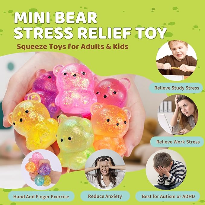 12Pack Fidget Toys Squishy ,Cute Bear Squeeze Ball , Stress Balls for Stress Relief,Pull Stretch Classroom Prize Party Favors Toys for Kids