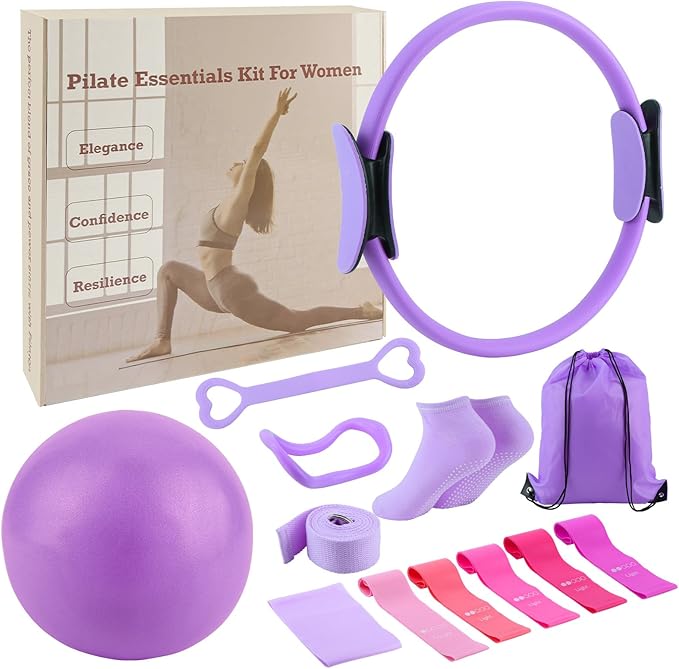 ASIEIT Home Pilates Kit for Women, Pilates Ring and Ball Set with 5 Resistance Bands, 9.8β Ball, 14.96'' Magic Circle, Pilates Equipment Set for Strength, Toning and Flexibility