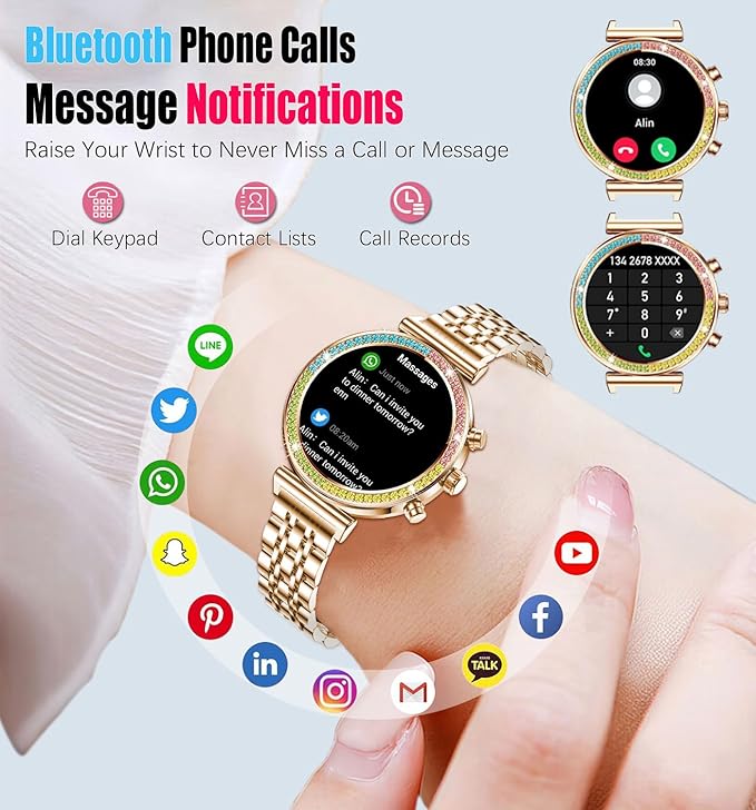 Fitness Smart Watch for Women, 1.27" HD Display, Bluetooth Calls, Waterproof Sports Women's Smartwatch, Heart Rate Monitor, Pedometer – Compatible with Android & iOS (Full Gold)