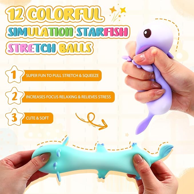 Meooeck 12 Pack Axolotl Stress Relief Toys Glitter Axolotl Starfish Stress Balls Fun Relaxing Squeeze Fidget Toys Relieve Anxiety Squeeze for Birthday Party Goodie Bag Stuffers(Classic)