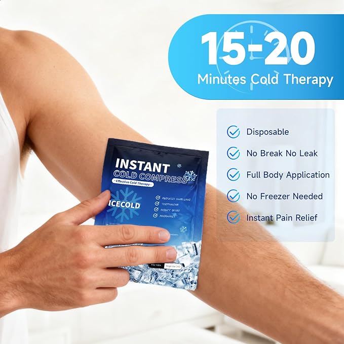 100 Instant Ice Cold Packs, 4.4" x 6" Disposable Ice Packs for Injuries, Pain Relief, No Freeze Needed Cold Compress for First Aid, Athletes