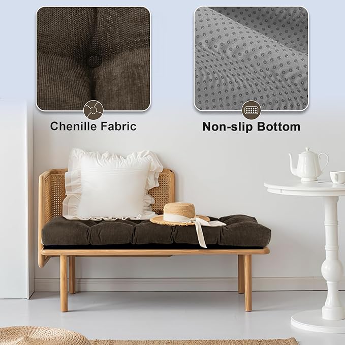 Bench Cushion 36 Inch - Chenille, High-Density Memory Foam, Non-Slip Bottom, Soft Durable Indoor Tufted Long Seat Cushion for Window Garden Furniture (Deep Brown, 36x14x4 Inch)