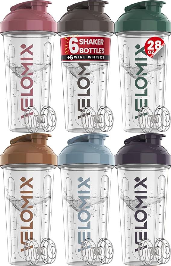 -6 PACK- 28 oz Protein Shaker Bottle for Protein Mixes - 6x Wire Whisk | Leak Proof Shaker Cups for Protein Shakes | Protein Shaker Bottle Pack | Protein Shake Cup (Muted Clarity)