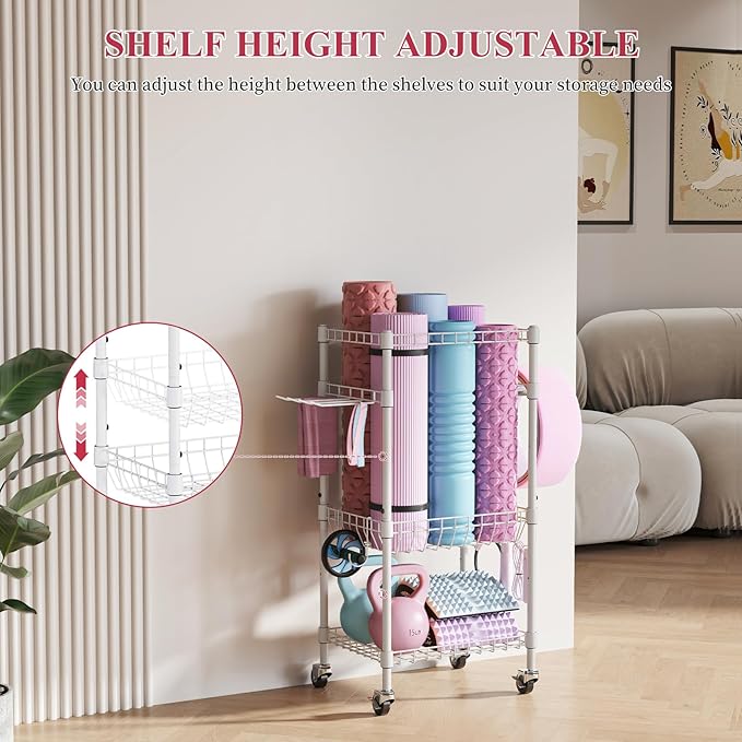 VOPEAK Home Gym Storage Rack with Wheels, Yoga Mat Storage Organizer for Kettlebells, Dumbbells, Resistance Bands, Space Saving Weight Rack for Home Gym, Garage, Easy to Install