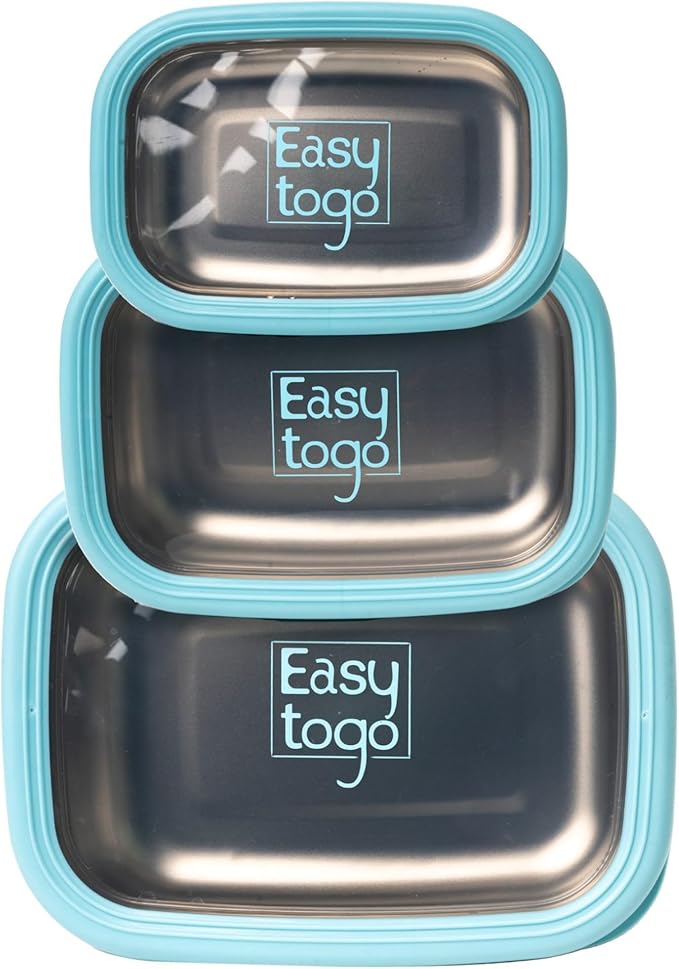 3 Pack Stainless Steel Food Containers with Silicon Lid & Non-Slip Exterior, LeakProof, Airtight Rectangular Portion Control Storage Lunch Box, Togo Lunch Containers for Adults - Blue