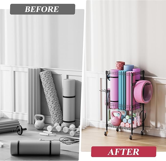 VOPEAK Home Gym Storage Rack with Wheels, Yoga Mat Storage Organizer for Kettlebells, Dumbbells, Resistance Bands, Space Saving Weight Rack for Home Gym, Garage, Easy to Install