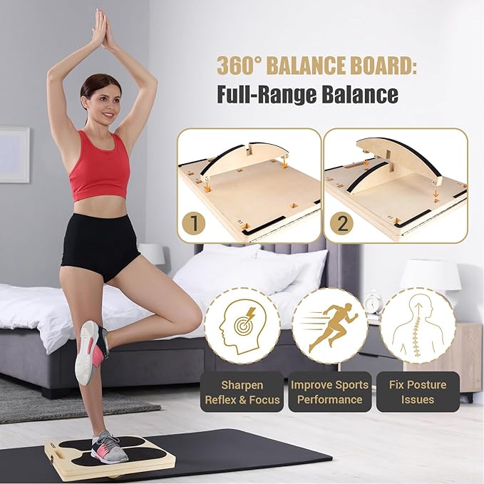 3-in-1 Wooden Slant Board & 180°/360° Balance Board, Portable 6 Angle Adjustable Calf Stretcher with Training Poster, Anti-Slip 300LBS Wobble Board for Physical Therapy, Standing Desk & Core Strength