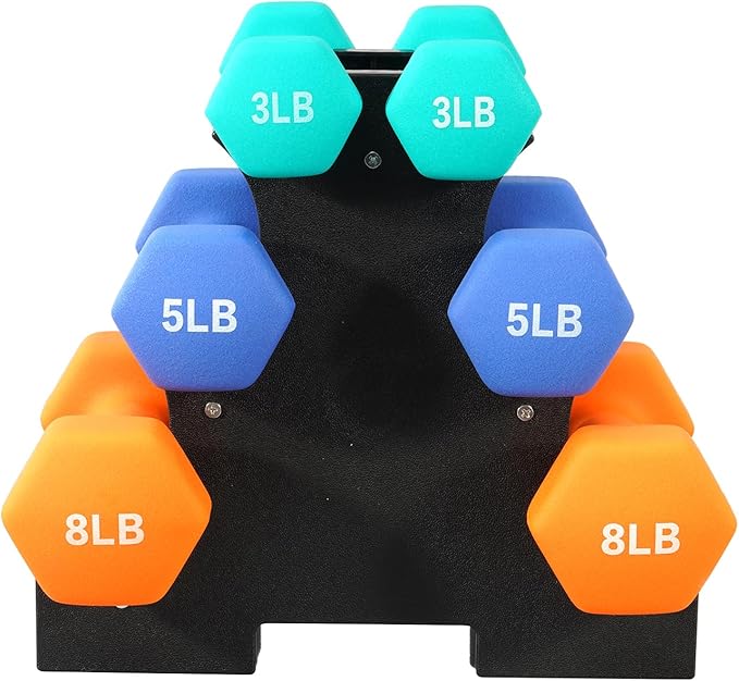 Neoprene Dumbbell Set for Women 2-5 lb | 3 Pairs Hand Weights Set with Rack, Hex Anti-Roll, Color-Coded Home Gym Gifts