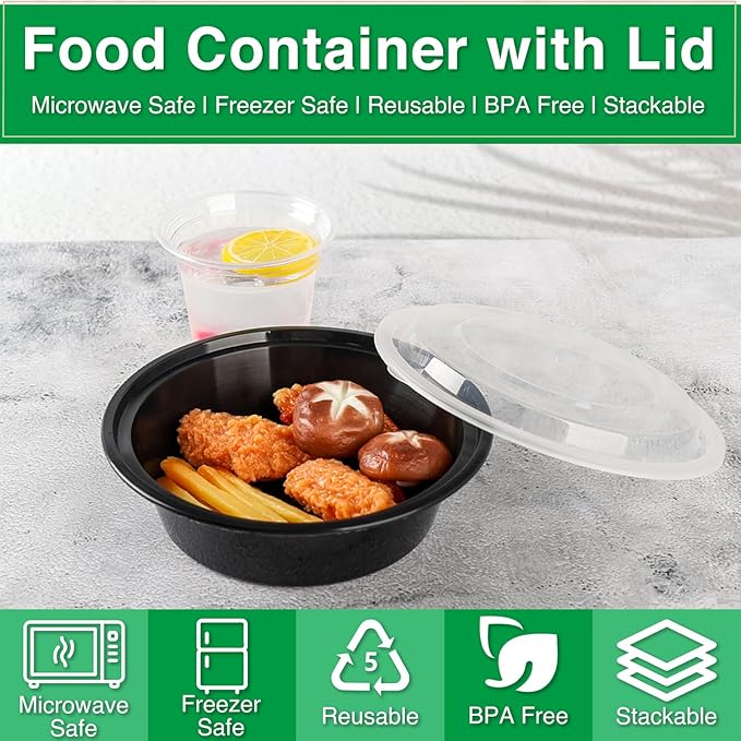 Meal Prep Containers Reusable 50 Pack-27 oz Food Storage Containers with Lids To Go Food Containers Takeout, Microwave Dishwasher Freezer Safe, Stackable, BPA Free, Plastic(Black)