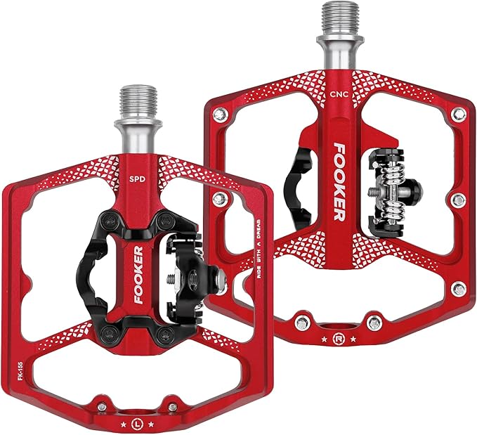 FOOKER MTB Mountain Bike Pedals, Dual Function Flat and Pedal,3 Sealed Bearing Flat Platform Compatible with Clipless Pedal Aluminum 9/16" Pedals with Cleats for Road Mountain BMX MTB