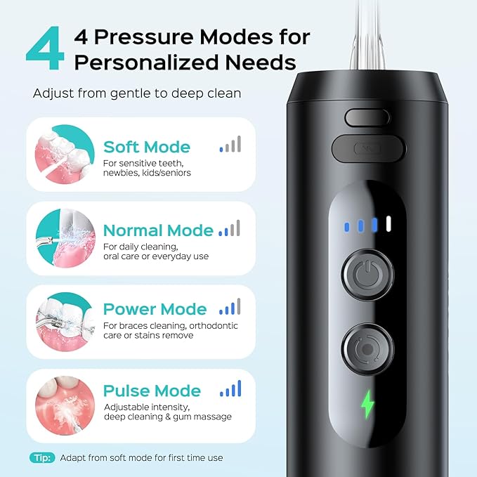 COSLUS Mini Water Flosser for Travel: Portable Compact Design, Cordless Oral Irrigator with 4 Modes, Removable Tank, IPX7 Waterproof for Braces, Orthodontic, Sensitive Teeth On-The-Go Use, Black, T40