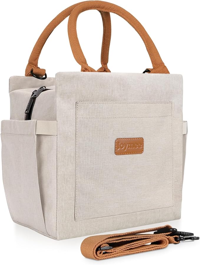 Joymee Lunch Bag Women Insulated Lunch Box with Adjustable Shoulder Strap Large Reusable Leakproof Spacious Cooler Tote for Women Men Adult with Bottle Holder and Side Pockets - Beige