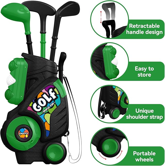 Liberry Toddler Golf Set for Boys Girls Age 2 3 4 5, Upgraded Kids Golf Cart with Shoulder Strap Design, Outdoor Indoor Sports Toys for Birthday, Black