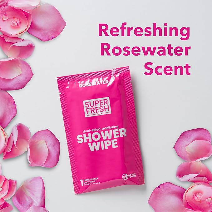 Super Fresh Shower Wipes Large RoseWater Body Wipes for No Rinse Bathing Personal Hygiene Gym Travel or Camping Enriched with Aloe and Vitamin E 20 Individually Wrapped Disposable Sheets