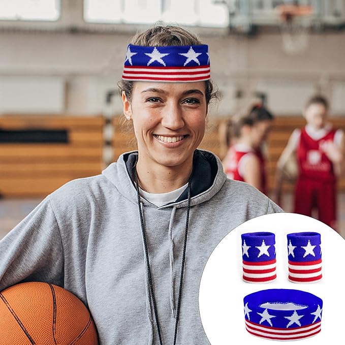American Flag Sports Headband and Wristband- Striped Sweatband Set for Basketball, Football, Running, Gym, Exercise