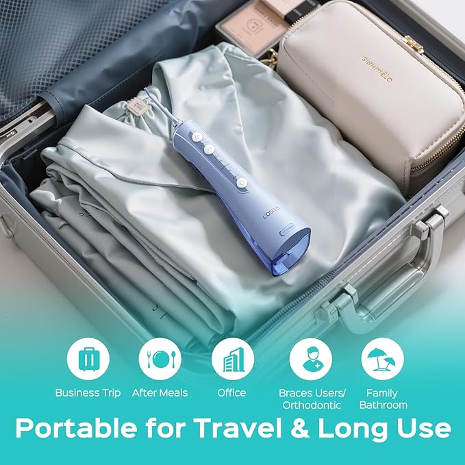 COSLUS Portable Water Flosser for Teeth: 4 Modes & 5 Intensity Levels Professional Electric Dental Pick for Sensitive Gums, Braces & Orthodontic - Cordless for Travel Use, for Adults, BPA-Free, Blue