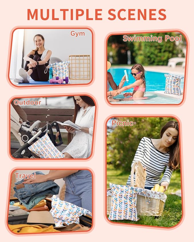 babygoal Wet Dry Bags for Baby Cloth Diapers, Washable Travel Bags, Beach, Pool, Gym Bag for Swimsuits & Wet Clothes with Two Zippered Pockets 3 Pack 3LN08