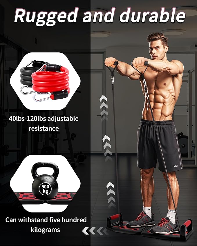 Home Gym Exercise Equipment - Portable Workout System 17 Fitness Accessories 9 in1 Push Up Board Set, Resistance Bands with Pilates Bar Strength Training Abs Shoulders