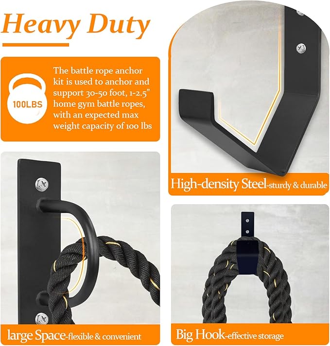 Battle Rope Anchor Kit Wall Mount, Set With Workout Wall Anchor And Rope Hook For 30-50 Feet, 1-2.5" Battle Ropes For Home Gym, Battle Rope Wall Mount Holder, Heavy Duty Gym Storage Rack