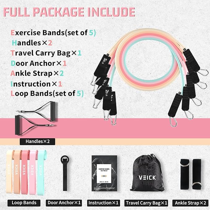 VEICK Resistance Bands, Exercise Bands, Workout Bands, Resistance Bands for Working Out with Handles for Men and Women, Exercising Bands for Fitness Weights Work Out at Home