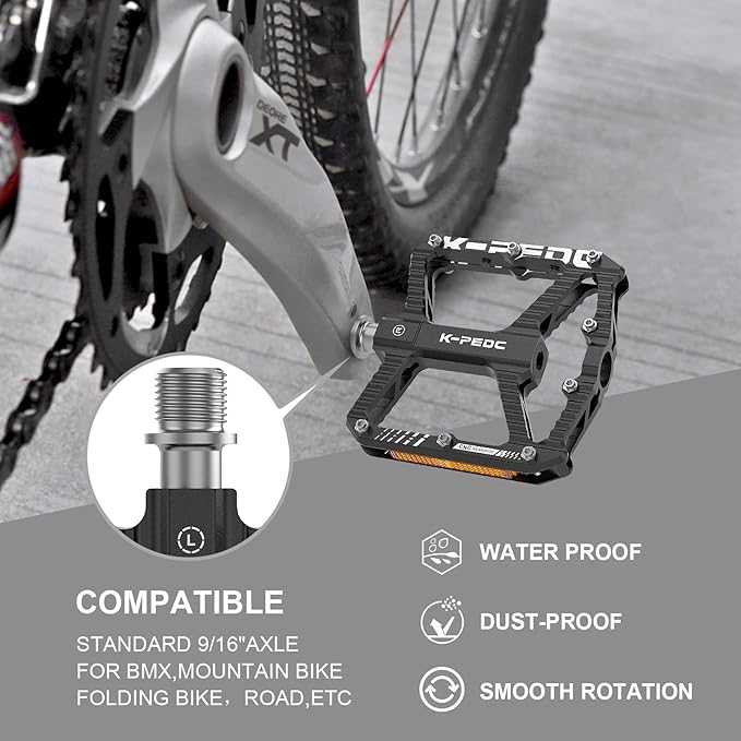 Mountain Bike Pedals MTB Pedals,Bicycle Pedals with Reflectors,Aluminum 9/16" 3 Sealed Bearing Lightweight Platform for Mountain Bike, BMX, Road Bike Pedals