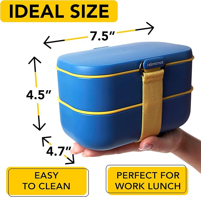Insulated Stackable Bento Box for Adults with Reusable Chopsticks Japanese Lunch Box Microwavable & Leak Proof Lunch Containers for Men & Women Modern Cute Food Container with Compartments (Blue)
