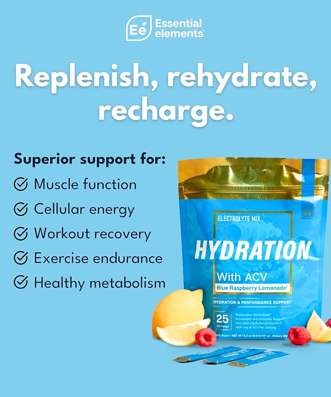 Essential Elements Hydration Packets - Blue Raspberry Pack - Sugar Free Electrolytes Powder Packets - 25 Stick Packs of Electrolytes Powder No Sugar - Hydration Drink - with ACV & Vitamin C