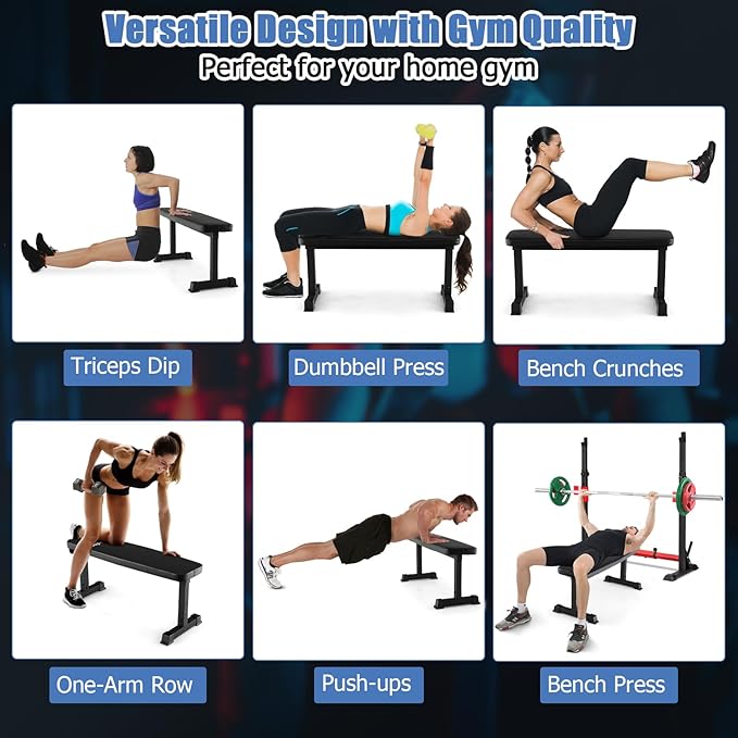 GYMAX Flat Weight Bench, 660lbs Easy Assembly Weight Bench Press with Thick Cushion & Anti-slip Foot Pads, Compact Strength Training Equipment for Home Gym Exercise