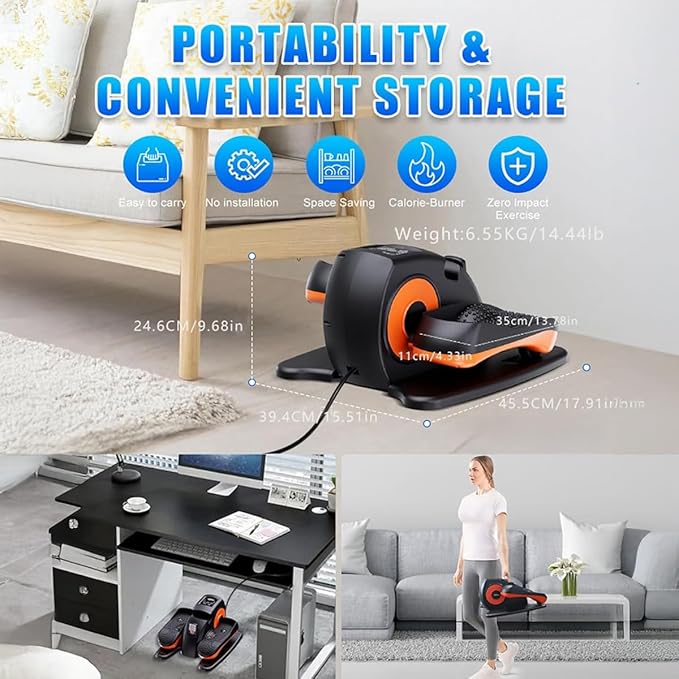 ESL Under Desk Elliptical - Portable Leg Exerciser with Pedal Strap for Seniors, Compact Seated Elliptical with Remote Control, LCD Display Electric Elliptical Trainers for Home