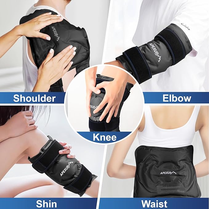 APEXUP Ice Pack for Knee Pain Relief, Large Reusable Wrap After Surgery, Flexible Gel Cold Pack for Injuries, Pain Relief for Back, Shoulder, Elbow, Ankle and Leg (Black, XXL, 2PK)